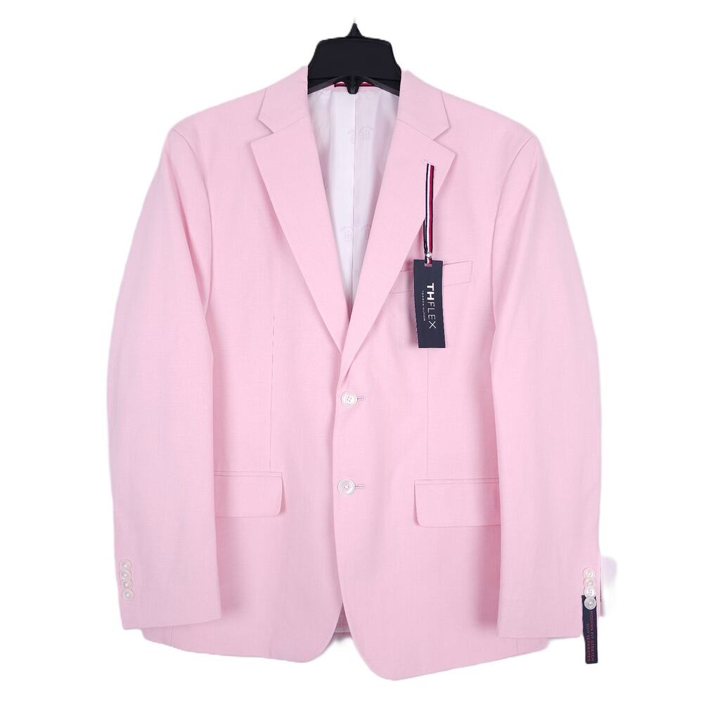 Tommy Hilfiger Mens Modern Fit 2 Piece Suit 44L 36x34 Light Pink Solid Chambray - Picture 2 of 14